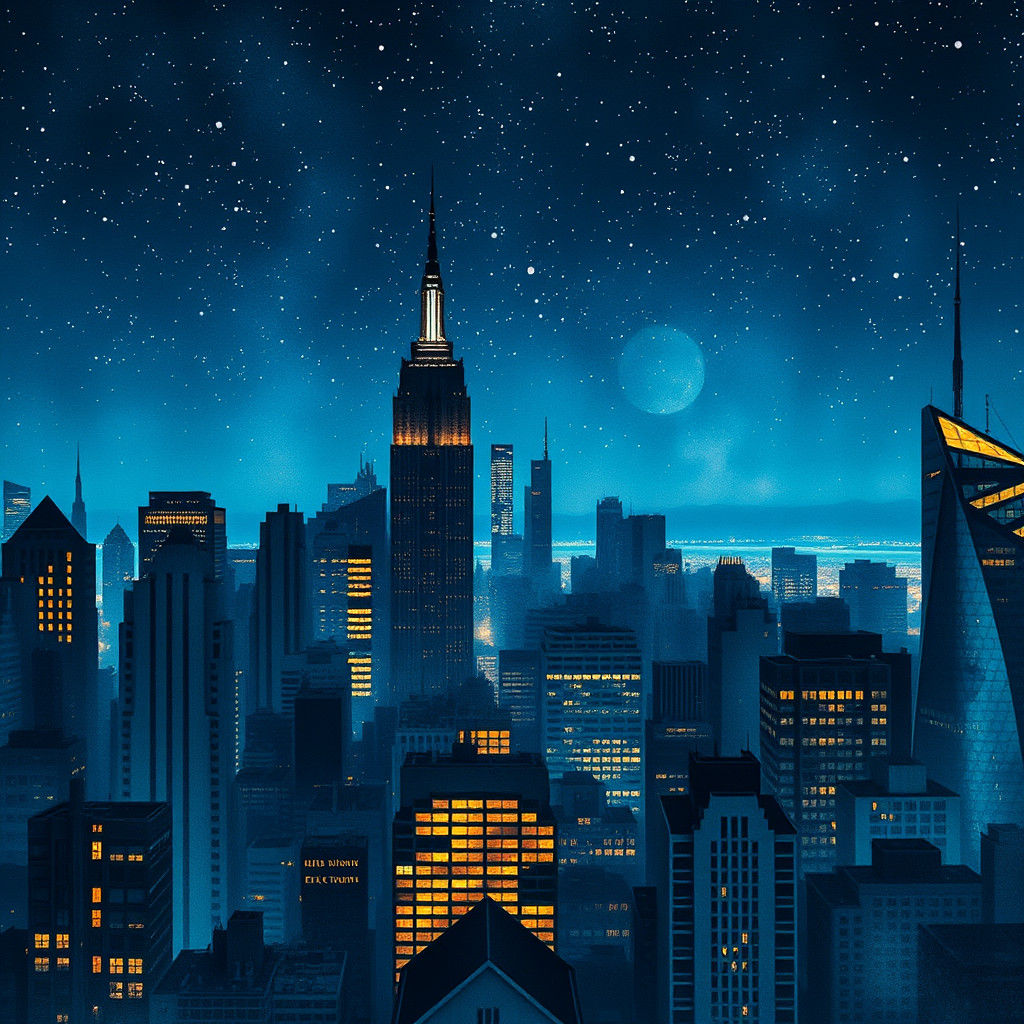 Modern City Skyline at Night in Watercolor