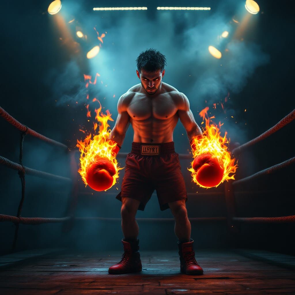 Fiery Boxer in Ring: Hyperrealistic Cinematic Art