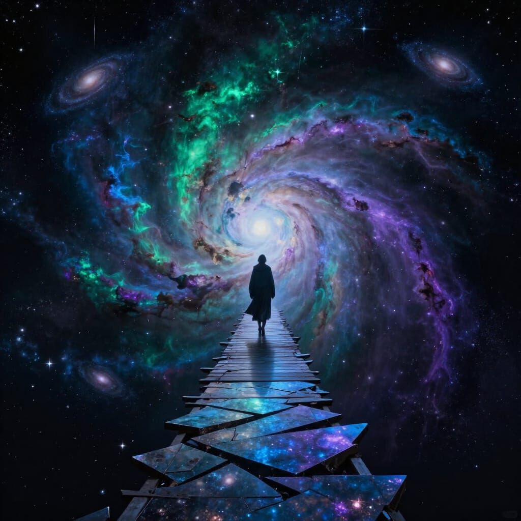 Cosmic Figure on Shimmering Bridge to Infinity