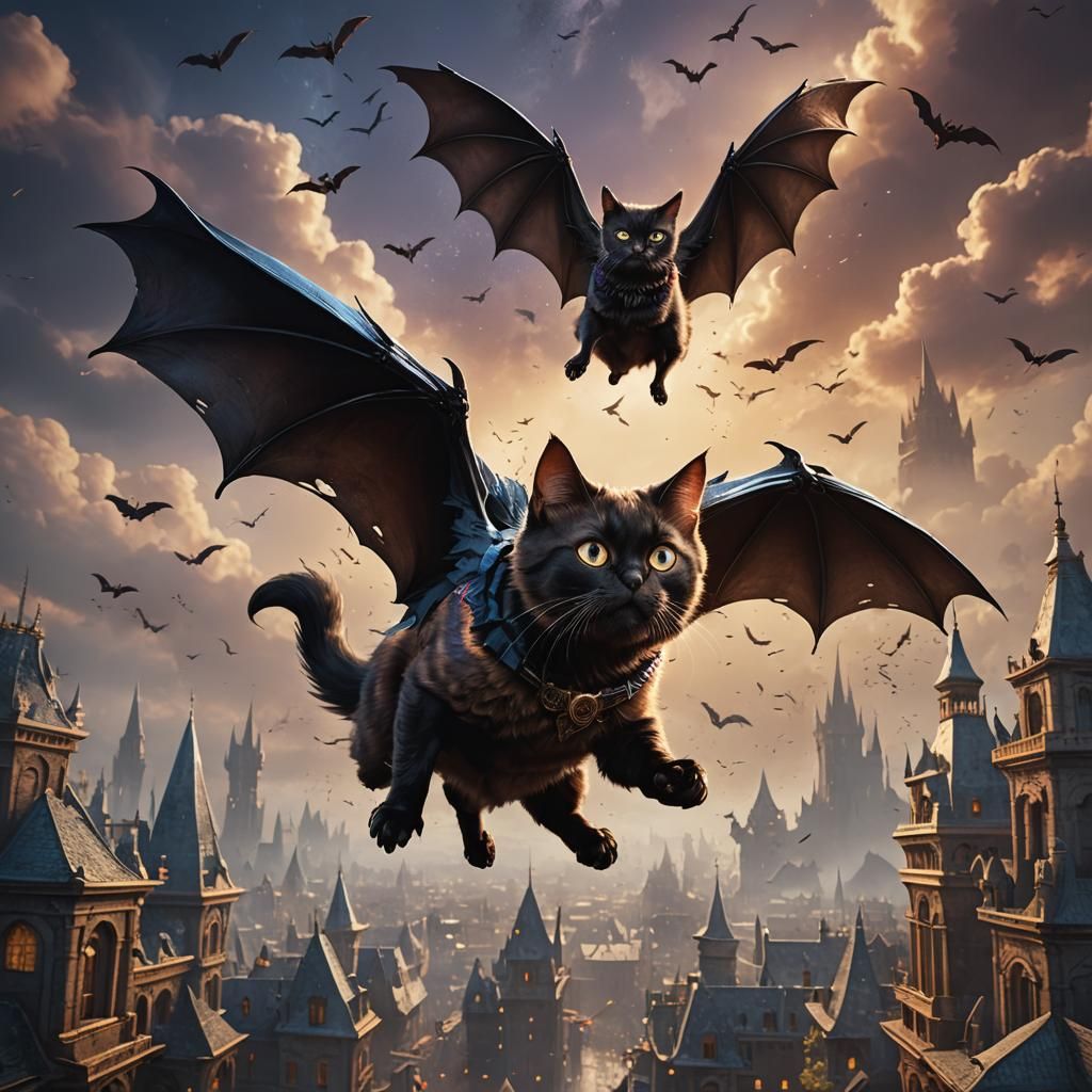 Fantastical Flying Bat Cat Landing: Detailed Digital Art