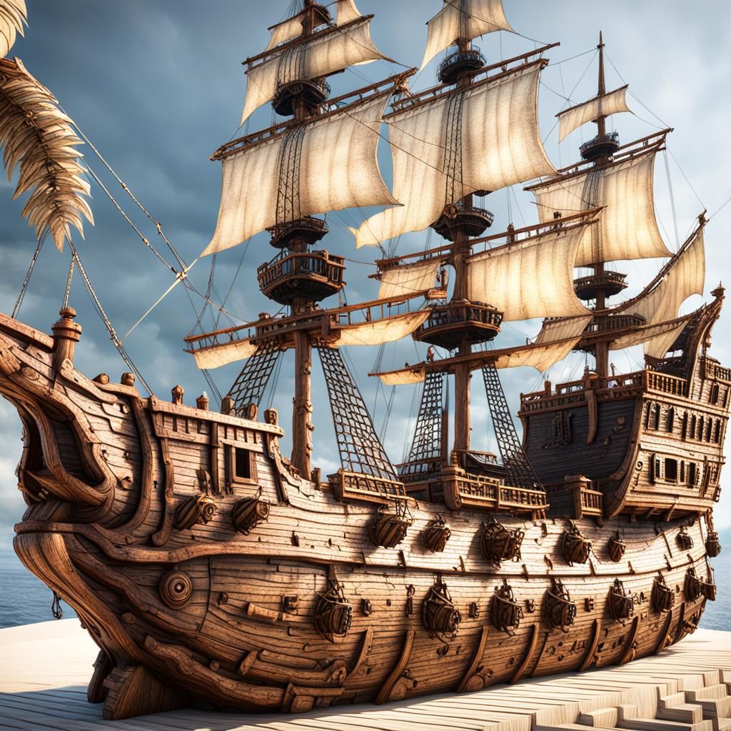 giant pirate ship  carved out walnut log,real detailed  textures ,splintery wood   , Wood varnished ,clear glazed over g...