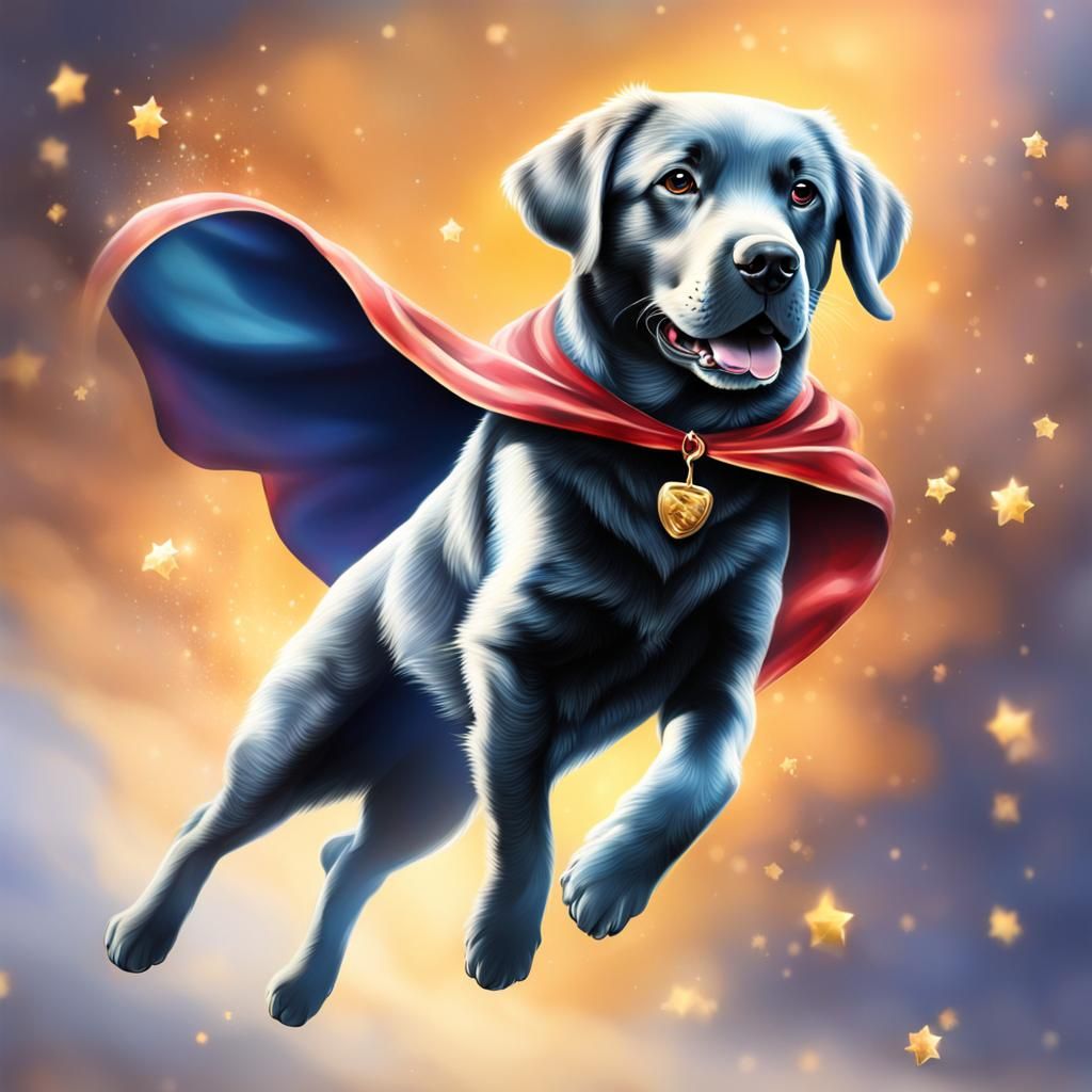 Flying Labrador Superhero with Sparkly Cape