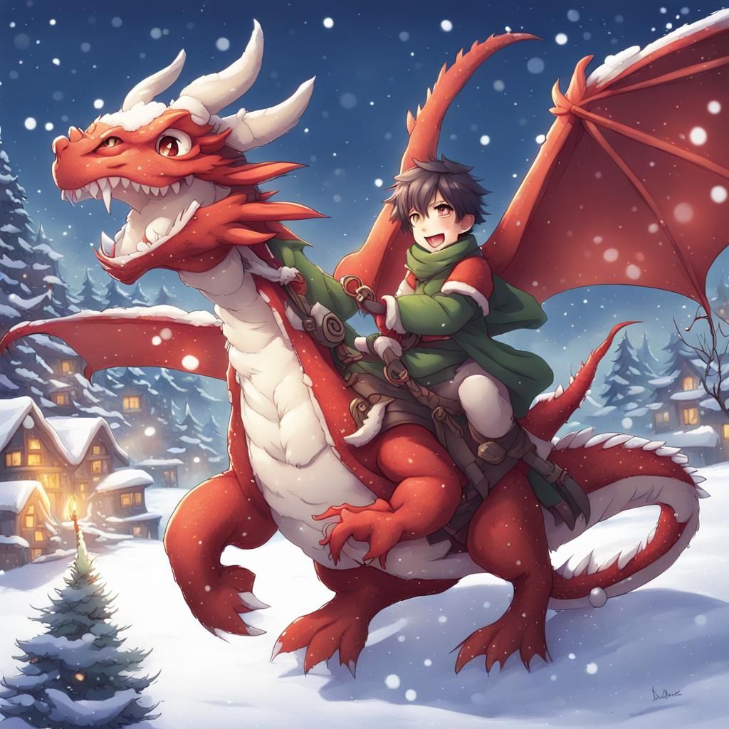 Festive Dragon and Rider Play in Holiday Snow, Anime Style