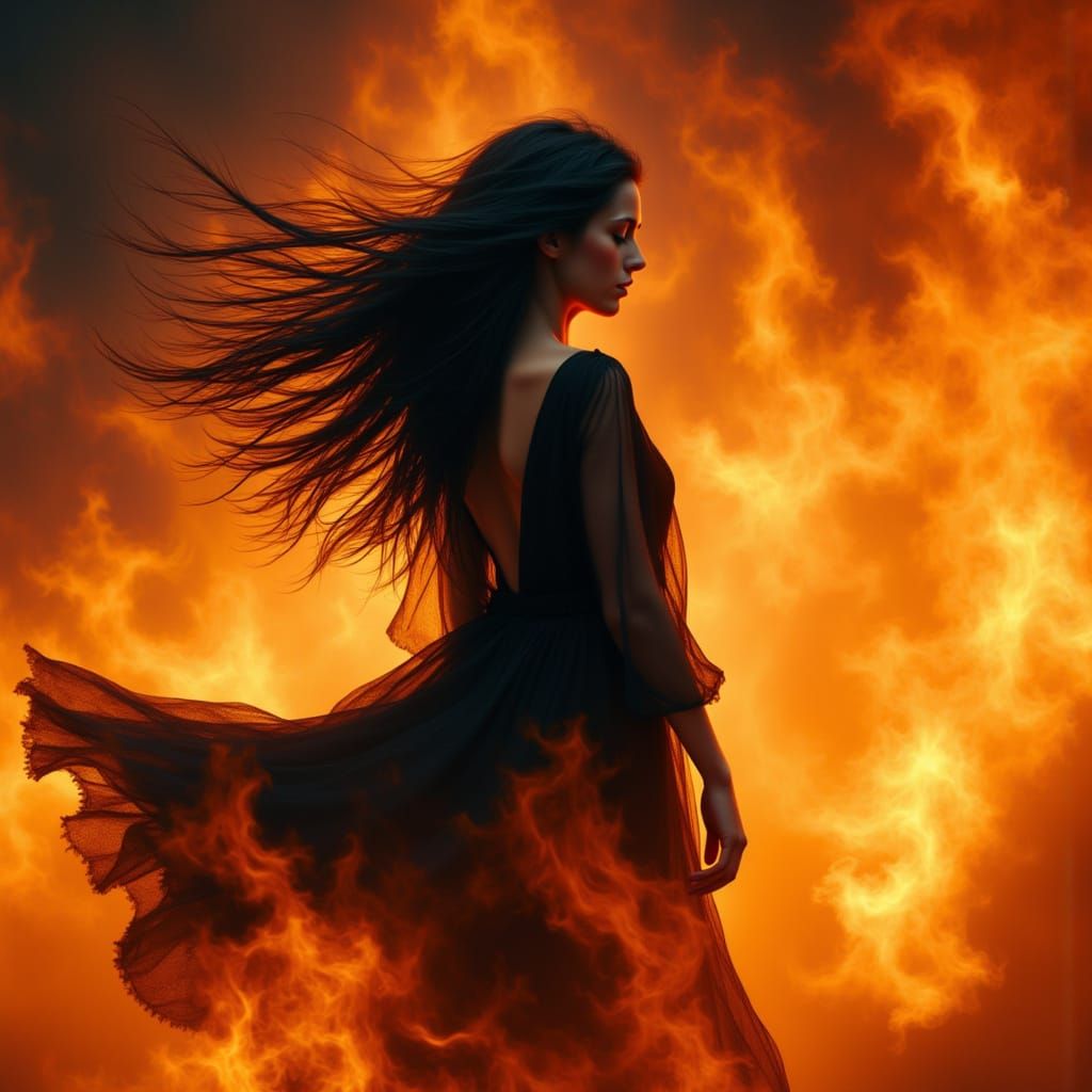 Woman Walking into Fiery Background with Windblown Hair