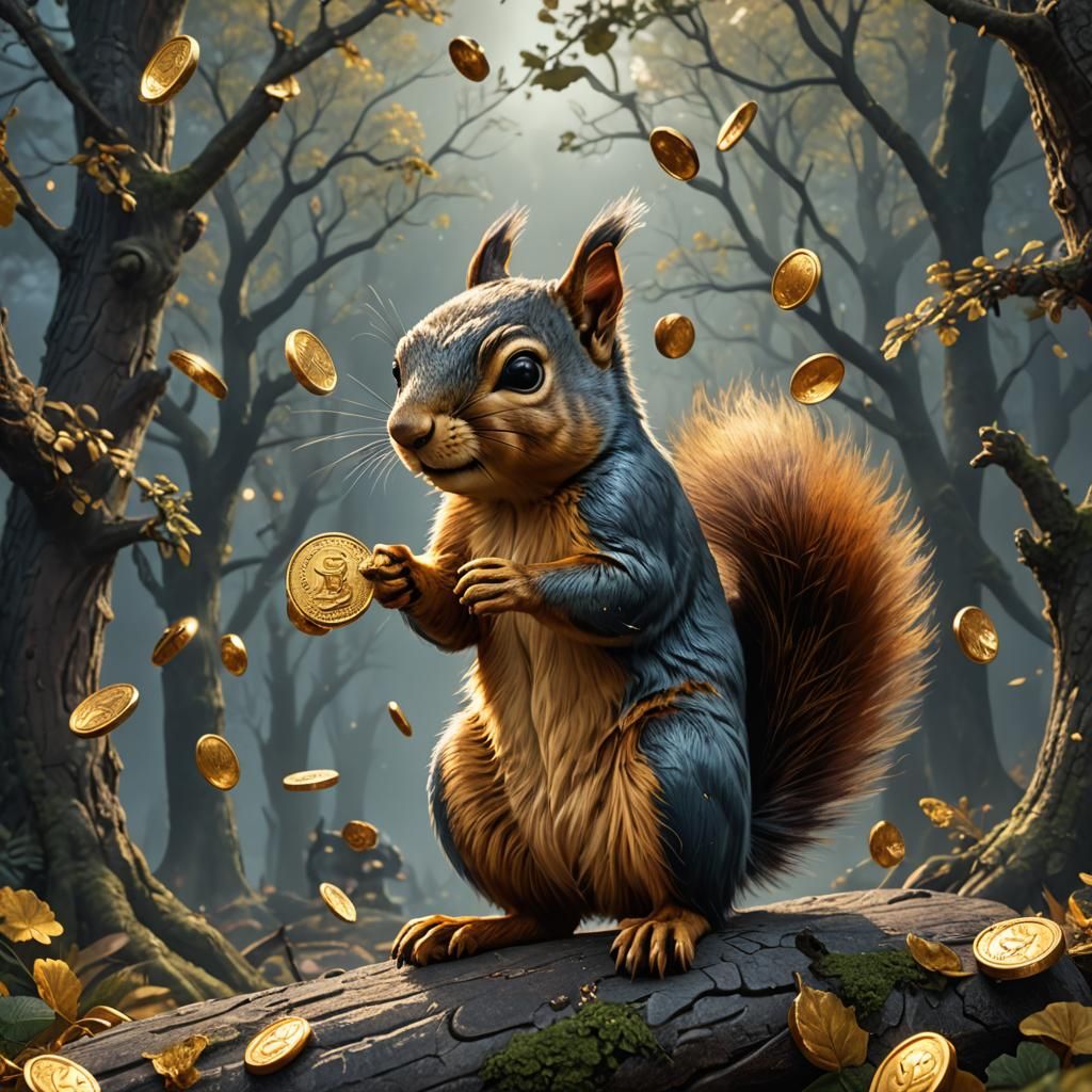 Squirrel Hoarding Gold Coin in Detailed Digital Art