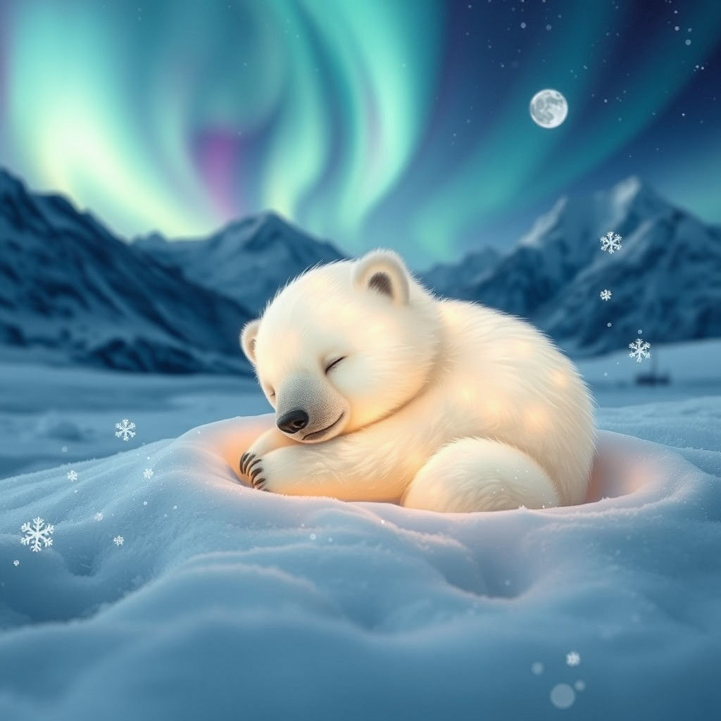 Aurora Polar Bear Cub Sleeping in Snow