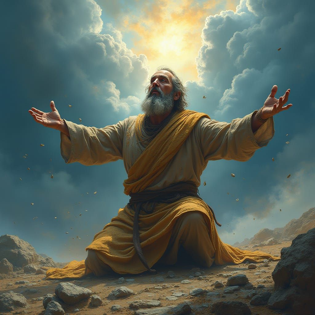 Classical Biblical Job in Worship, Earth-Toned Robes, Turbul...