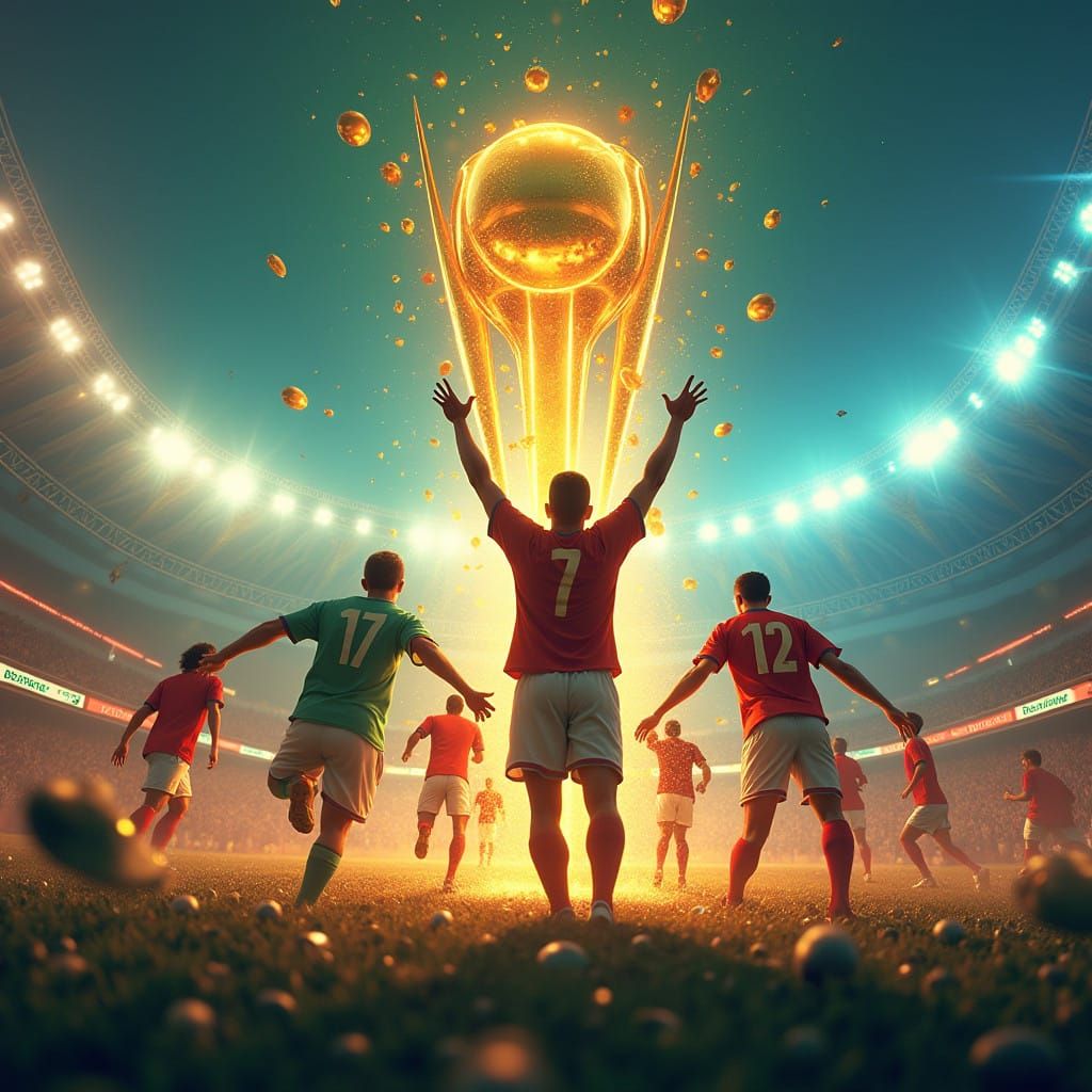 Epic Champions Emerge from Vibrant Dreamlike Stadium