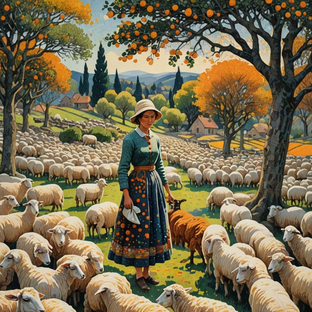 Shepherdess with her flock of sheep in the village