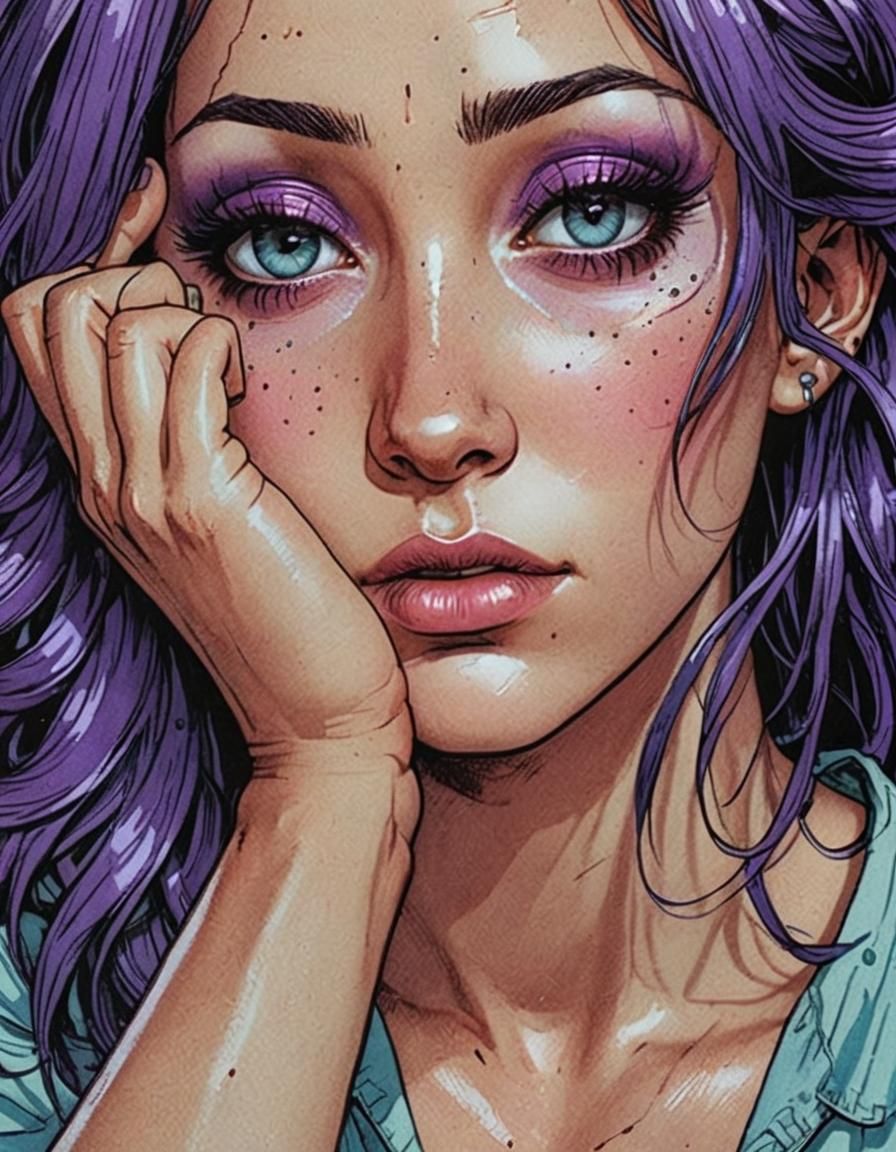 Purple-Haired Girl Daydreaming in Graphic Novel Style