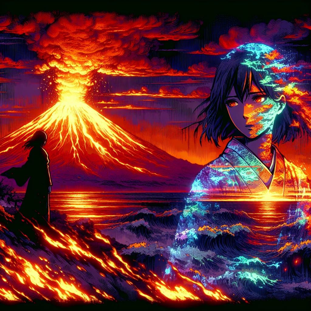 Anime-Inspired Volcano Scene with Anguished Shadow
