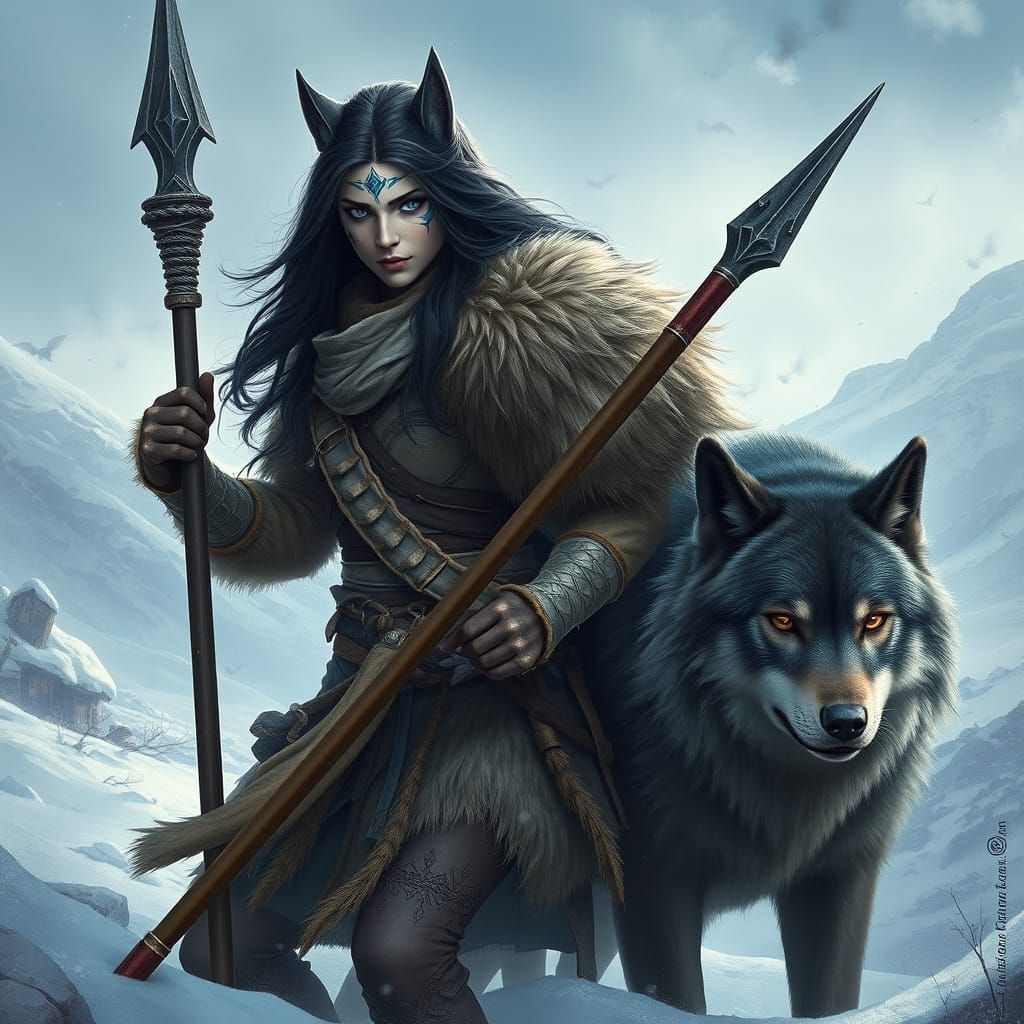 Ethereal High-Fantasy Warrioress with Loyal Wolf