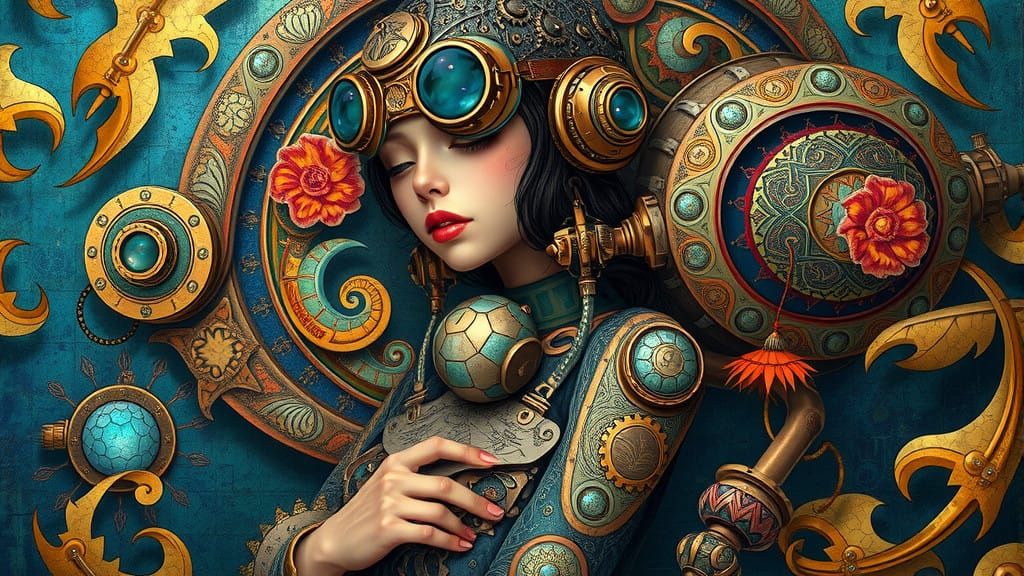 Ethereal Steampunk Goddess with Mechanical Exoskeleton