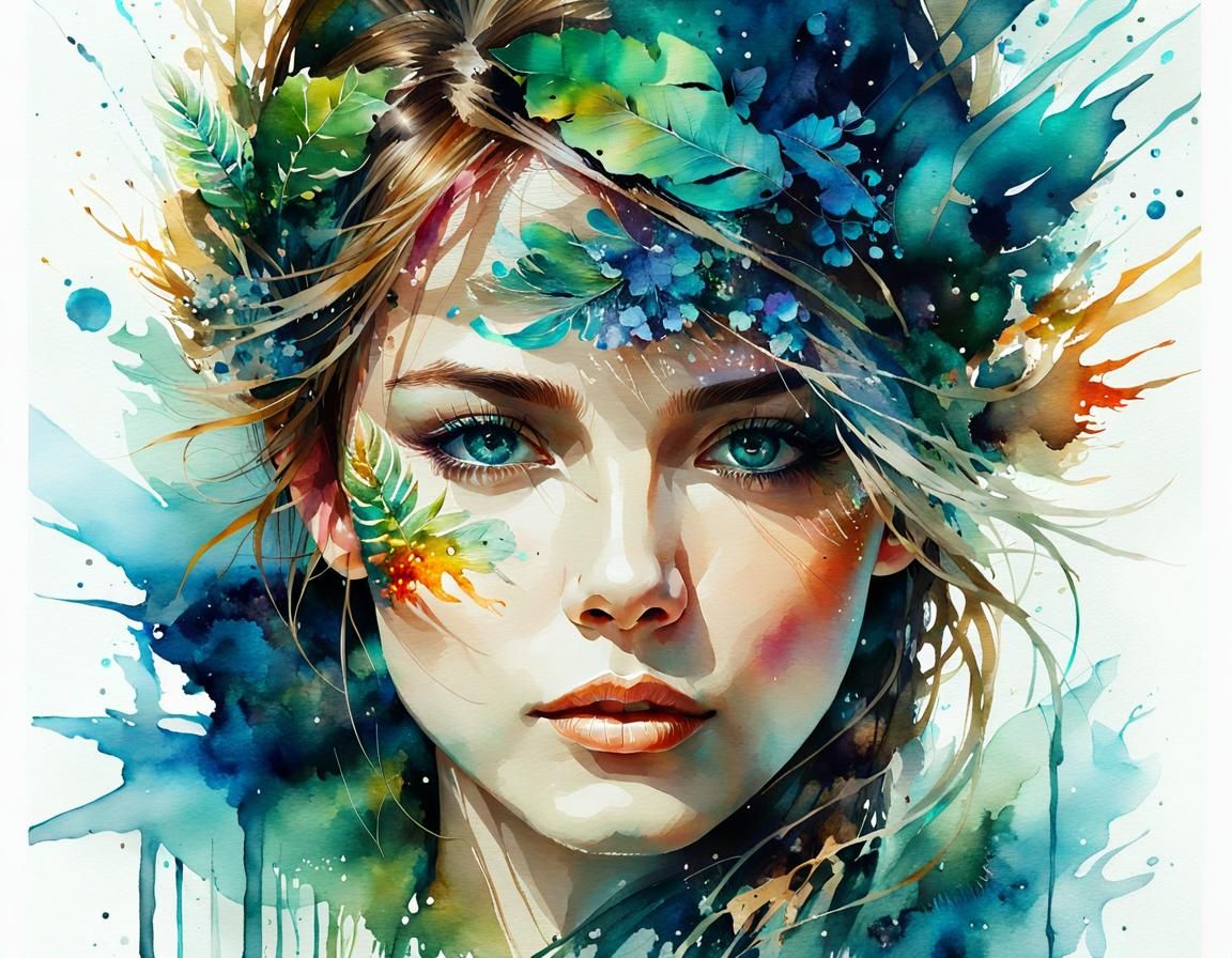 Watercolor Portrait of Woman Emerging from the Sea