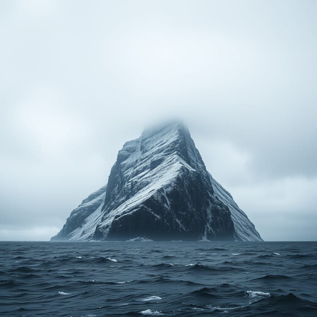 Majestic Mountain Survives Frozen Stormy Seascape