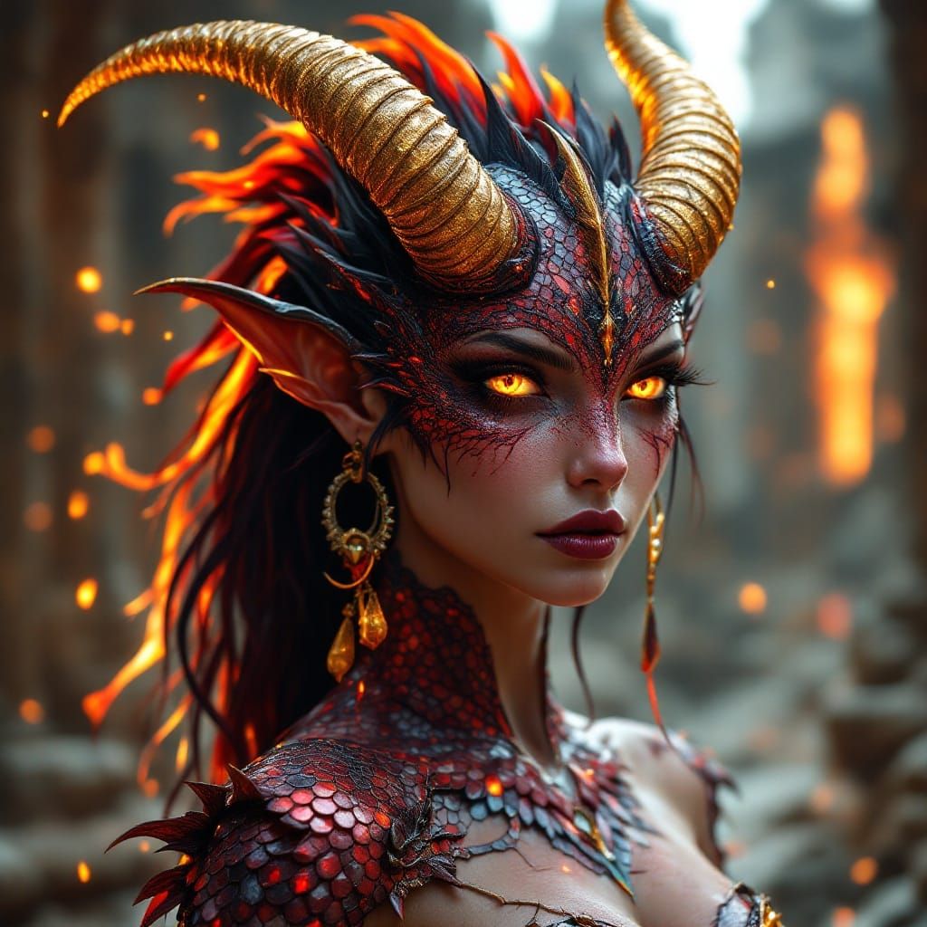 Majestic Blood Dragon Goddess with Obsidian and Ruby Scales