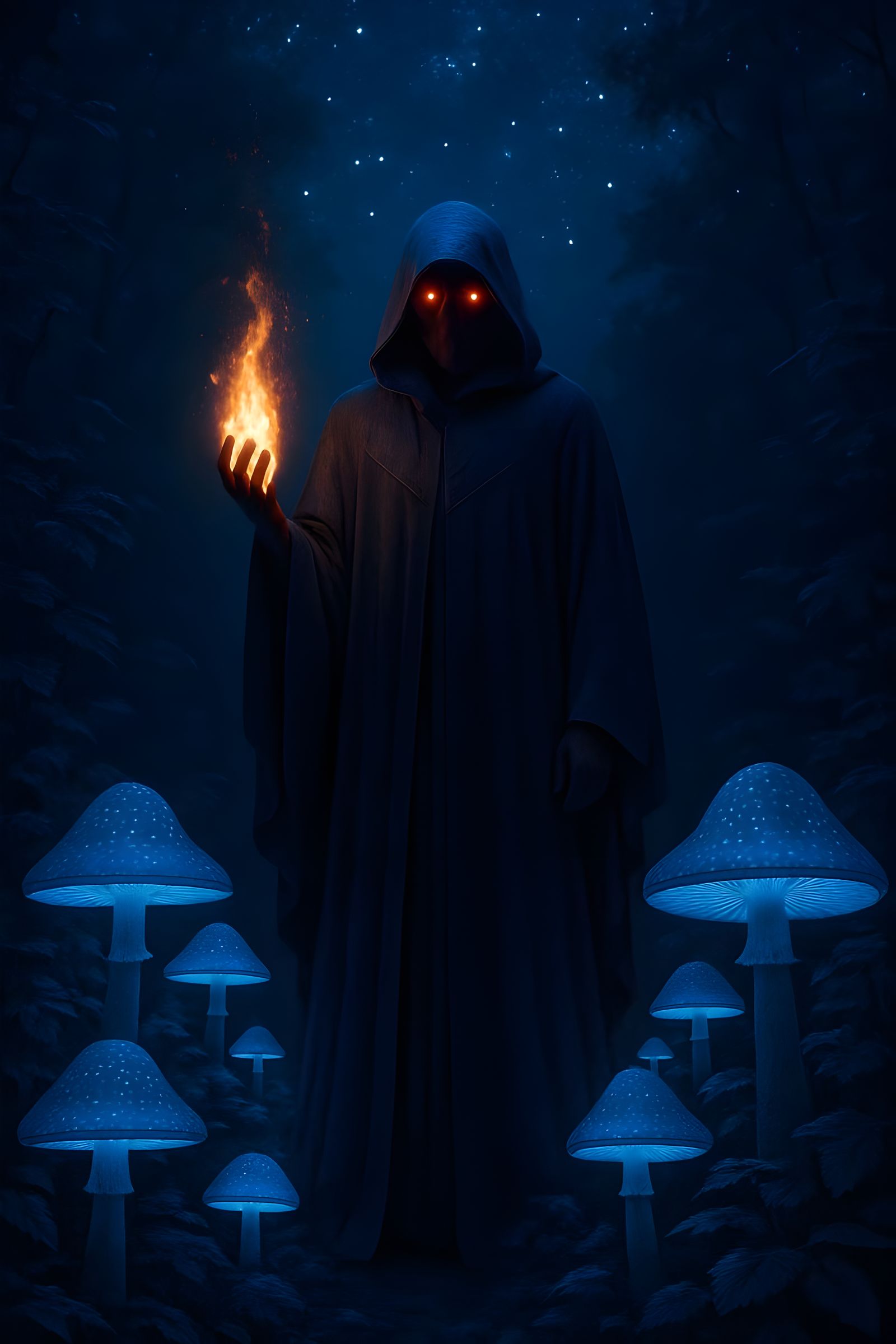 Bioluminescent Mushroom Field Under Starry Sky