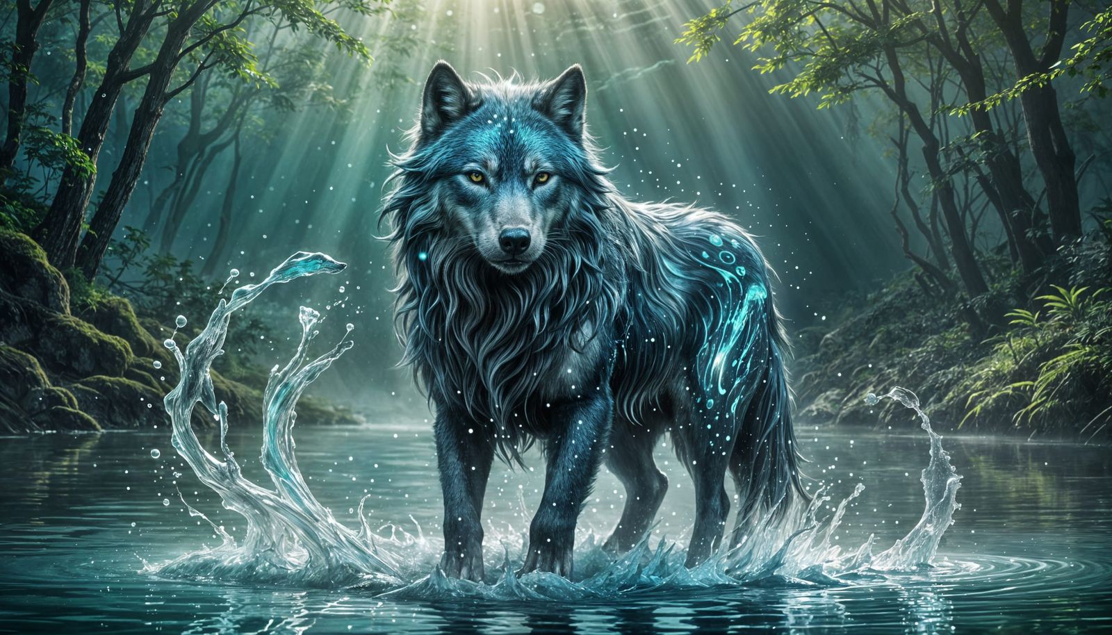 Majestic Water Wolf Emerges from Mystical Glowing Lake