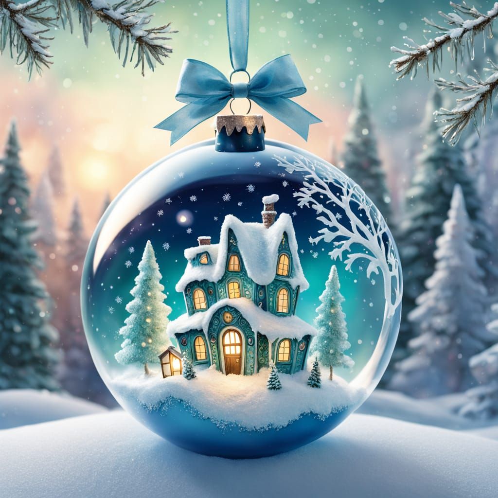 Iridescent Blue Christmas Ornament in Winter Fairytale Scene