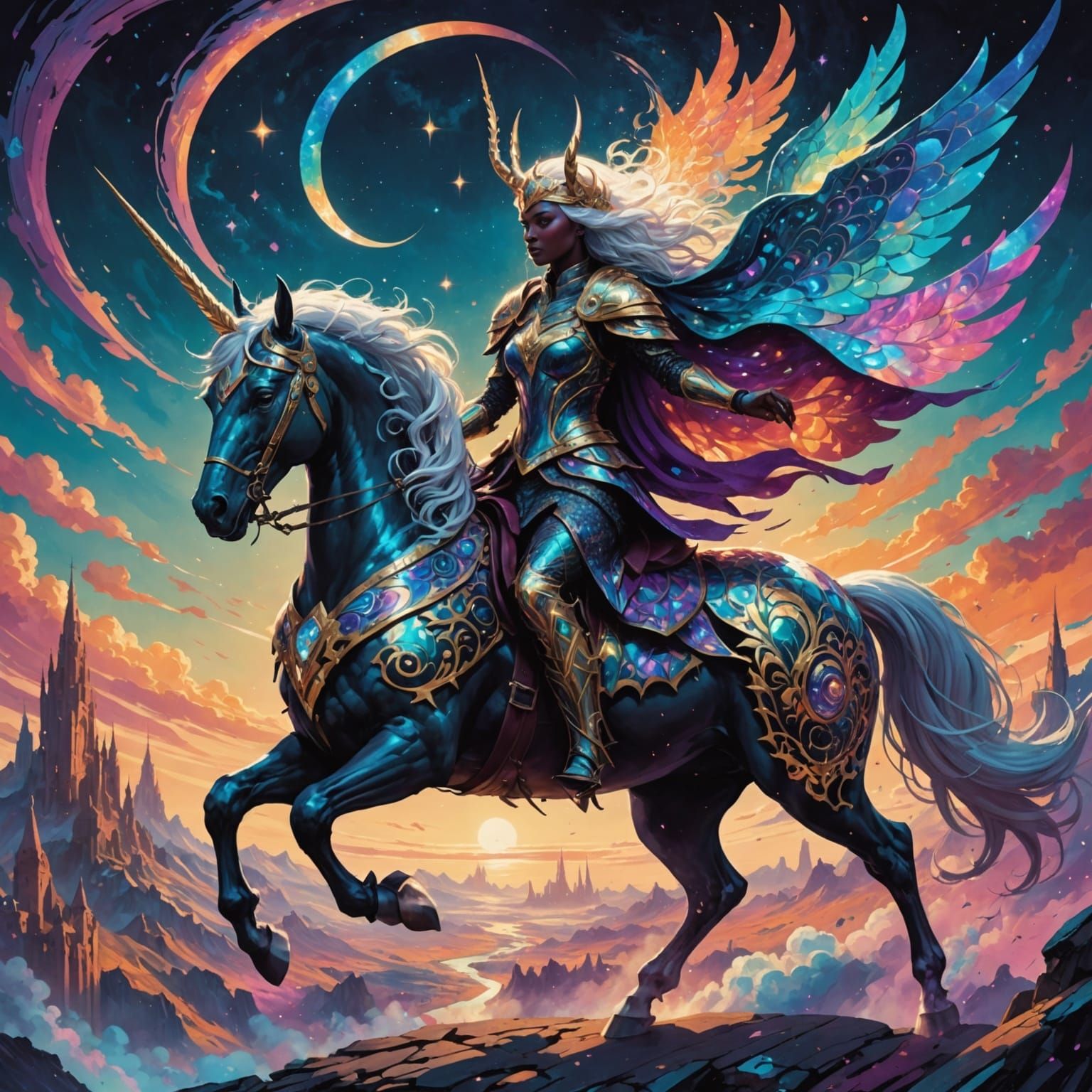 Valkyrie and Unicorn Ride Through Cosmic Dreamscape