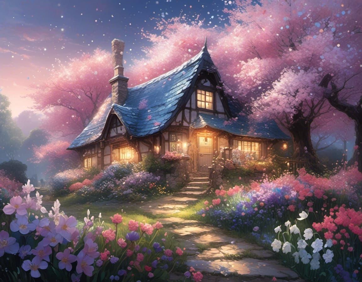 Enchanted Cottage Garden in Spring Moonlight