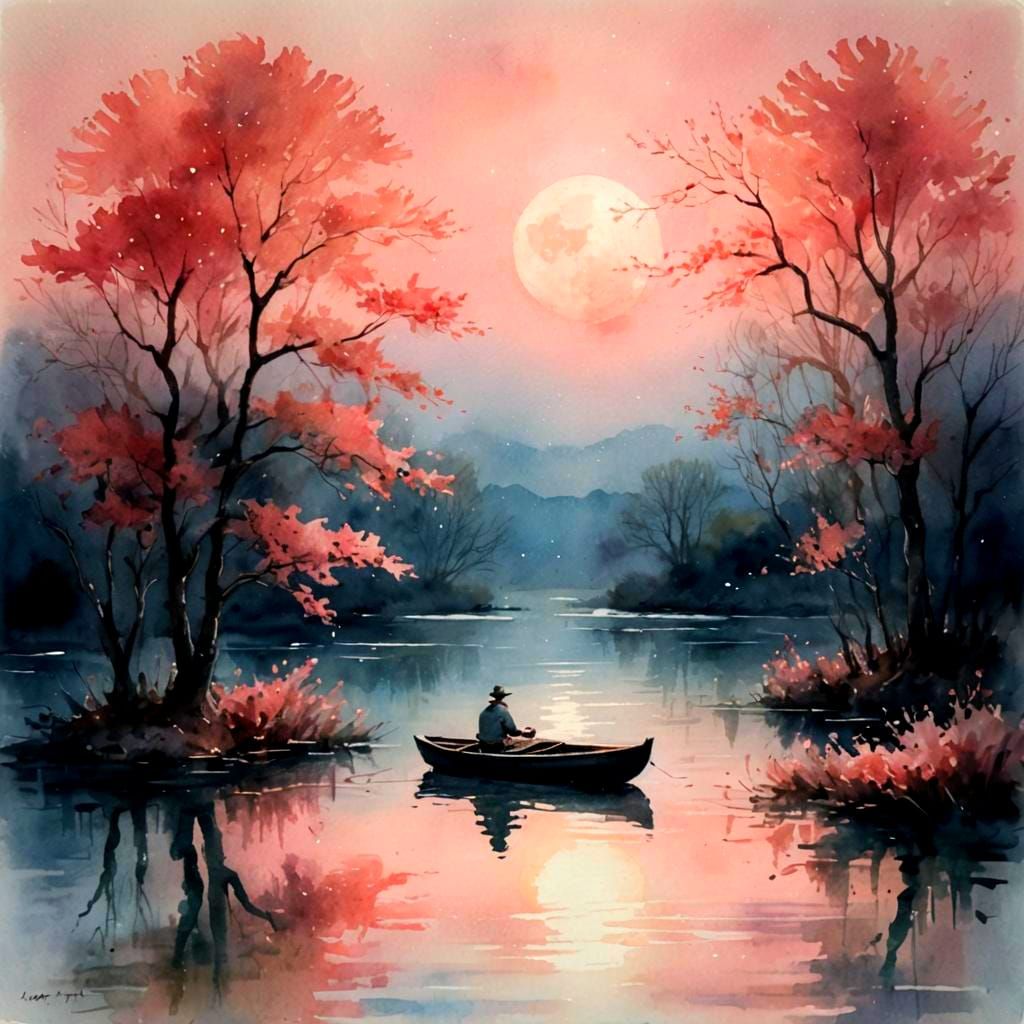 Rowboat on Lake Under Pink Moon Painting