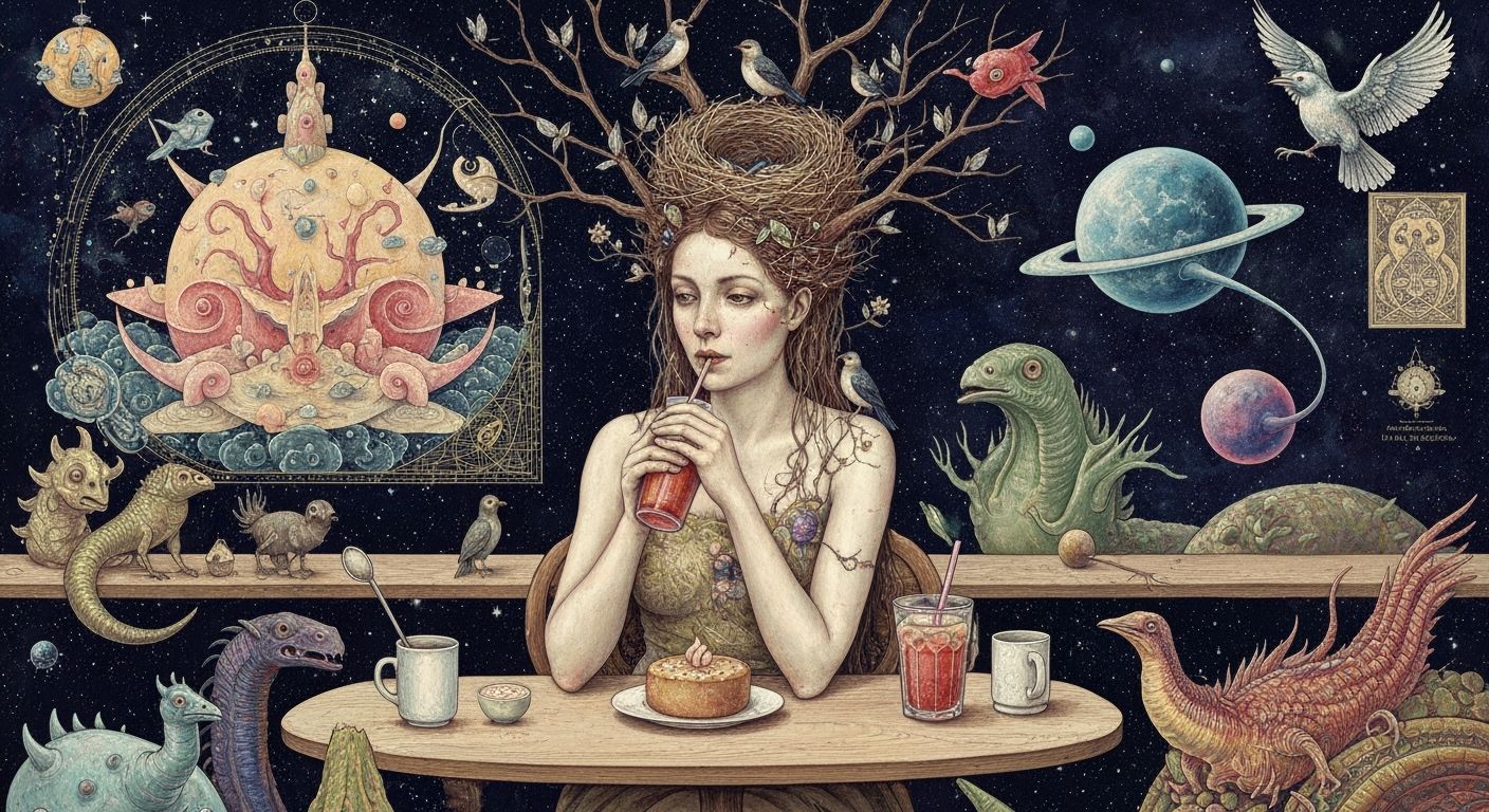 Cosmic Cafe: Woman with Nest in Surreal Setting