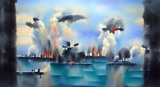 Burning WWII Battleships Fight Torpedo Bombers