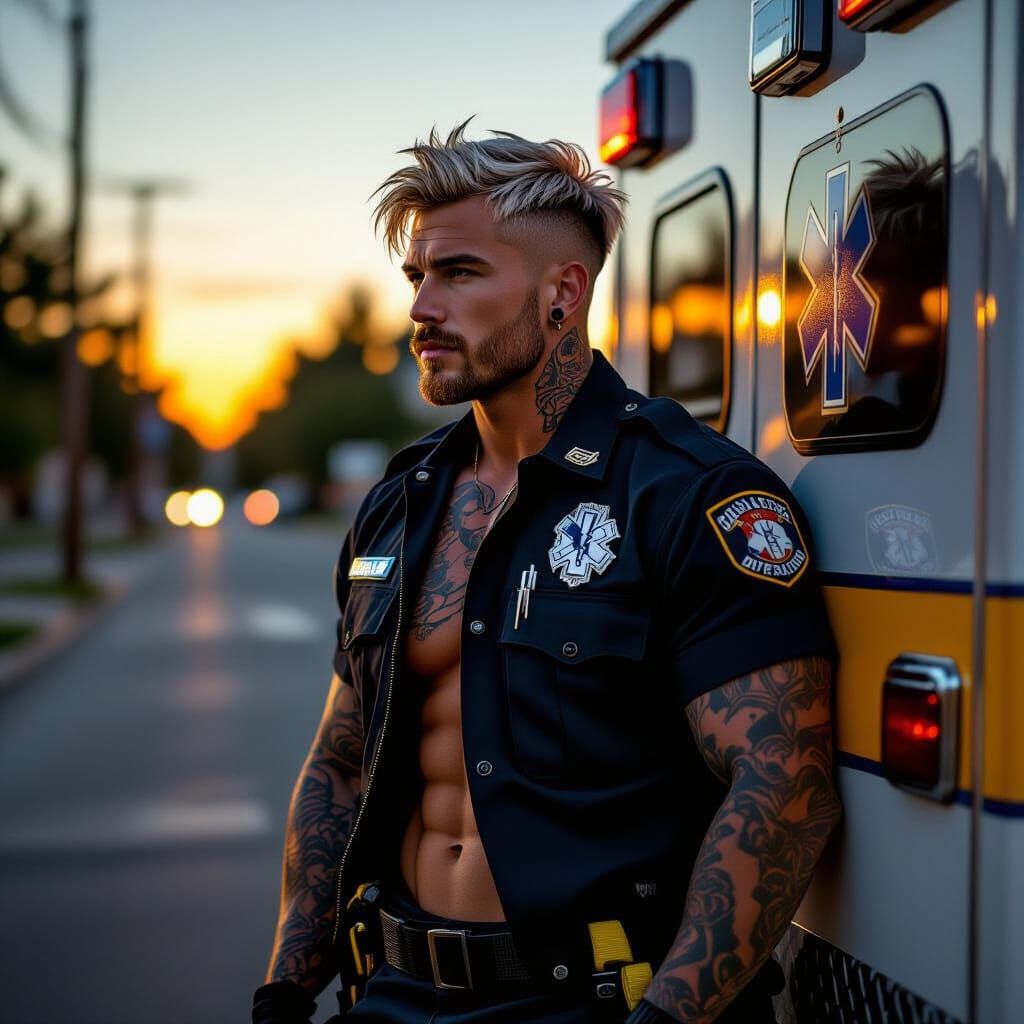 Paramedic Poses Against Golden Hour Ambulance