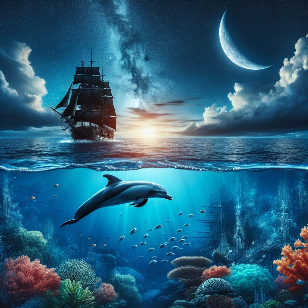 Dolphin Navigates Coral Reef Under Pirate Ship Sky