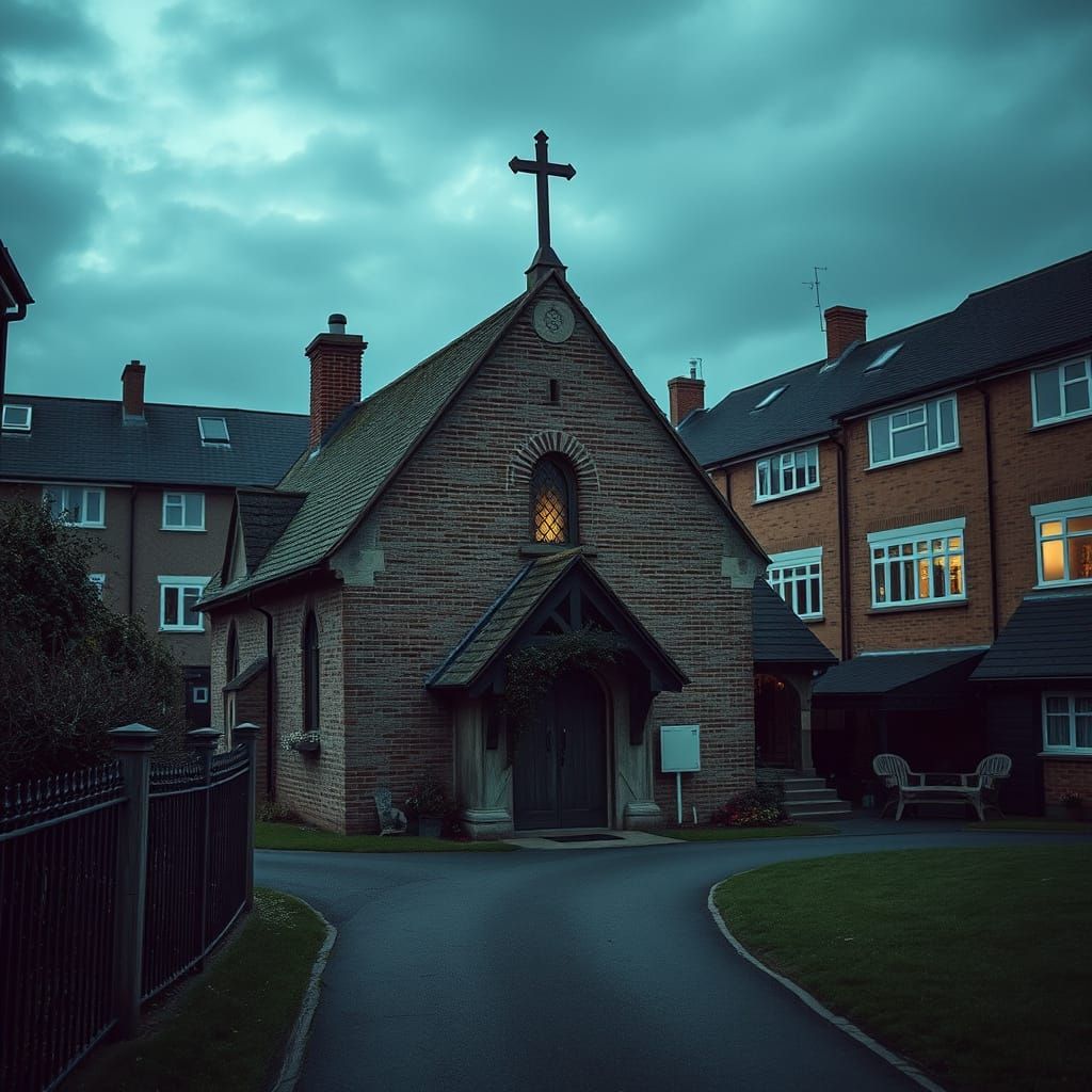 Cinematic View of Historic Church and Modern Apartments