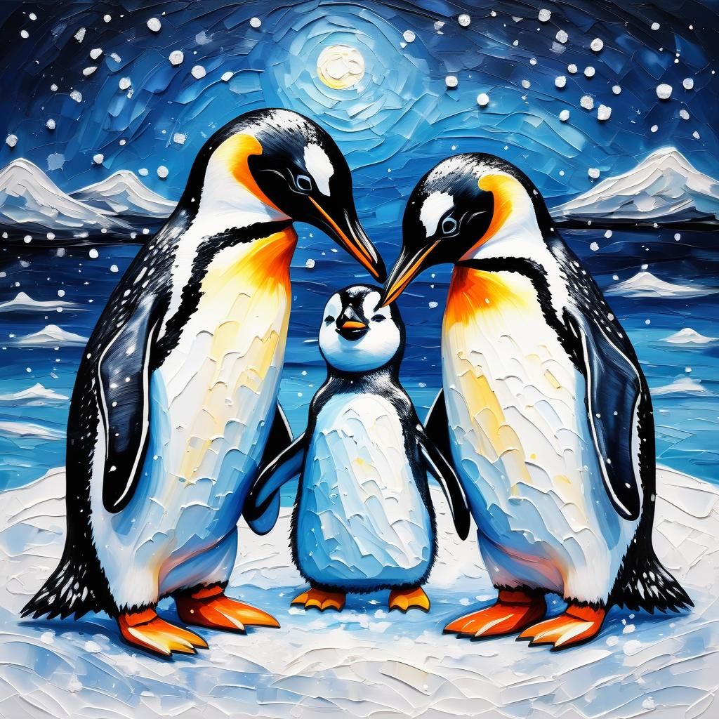 Cute Penguins Circle in Snowy Impasto Night