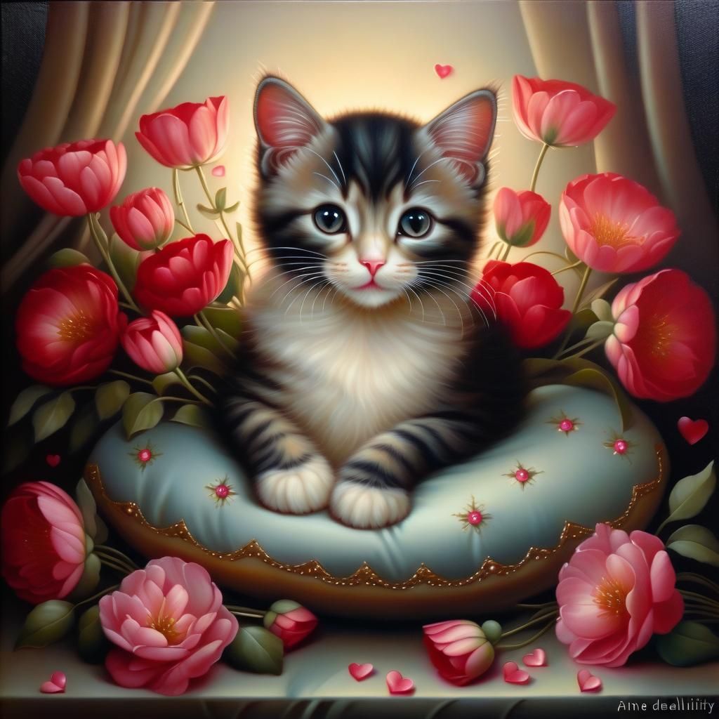 Cute Cat Surrounded by Flowers, Anne Dewailly Style