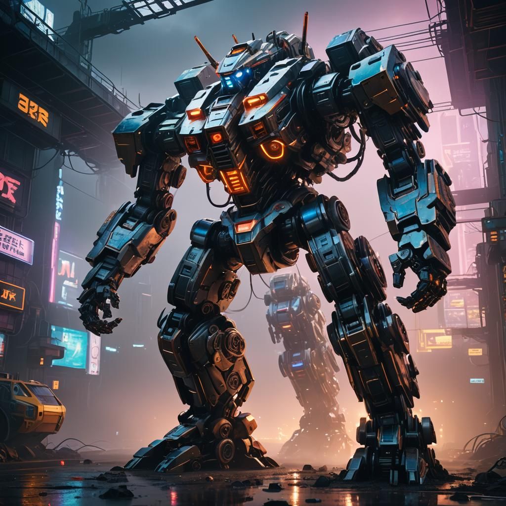 Mega Mech Concept Art in Cyberpunk Style