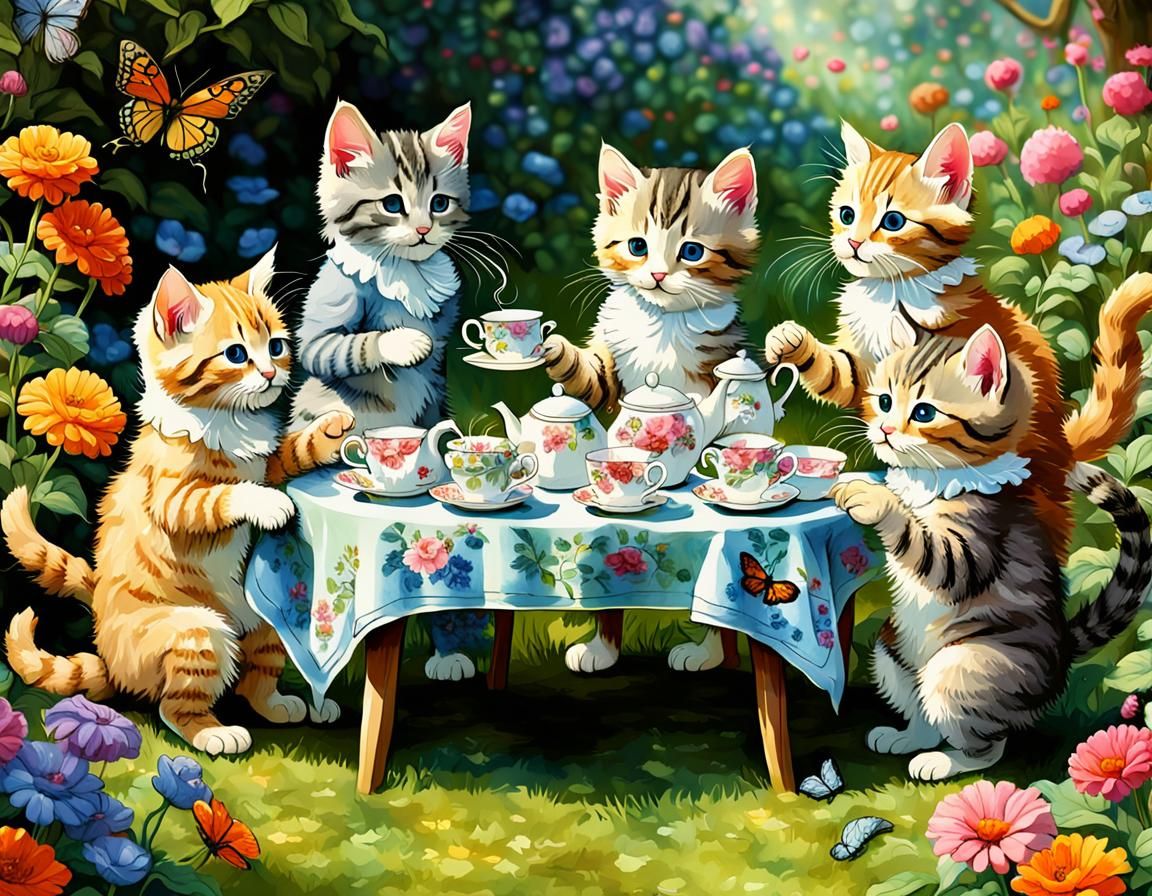 Kittens' Tea Party in Cartoon Style
