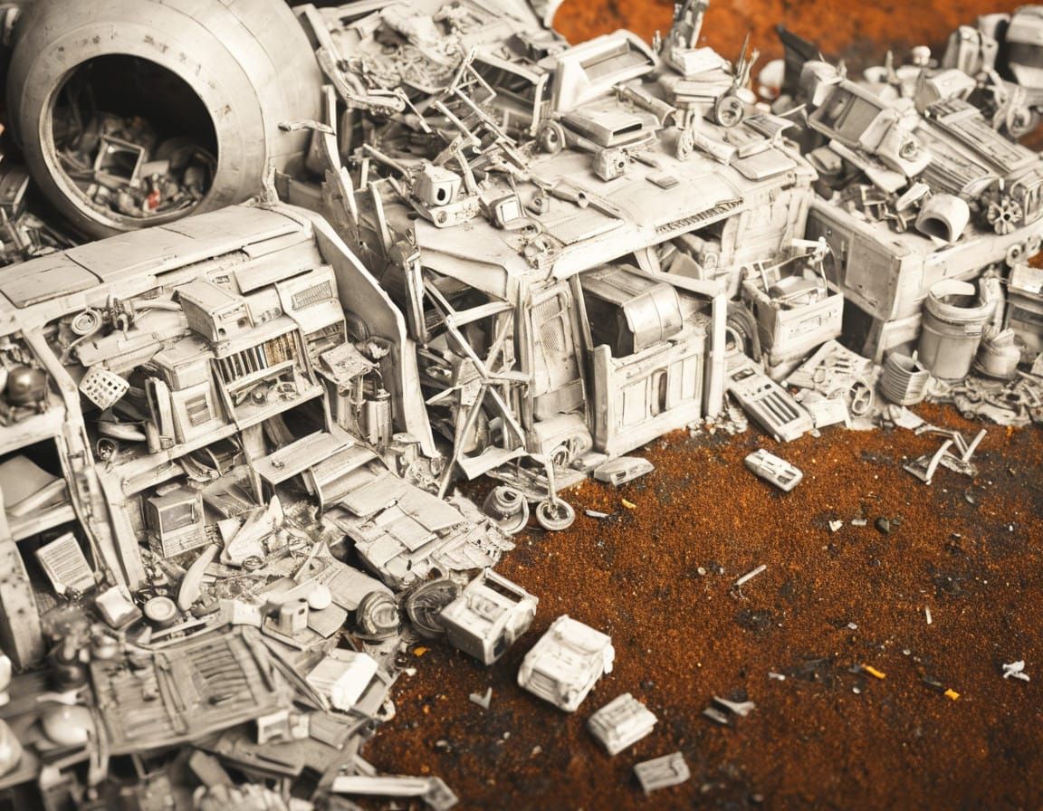 Surreal Futuristic Scrapyard in Miniature Model Style