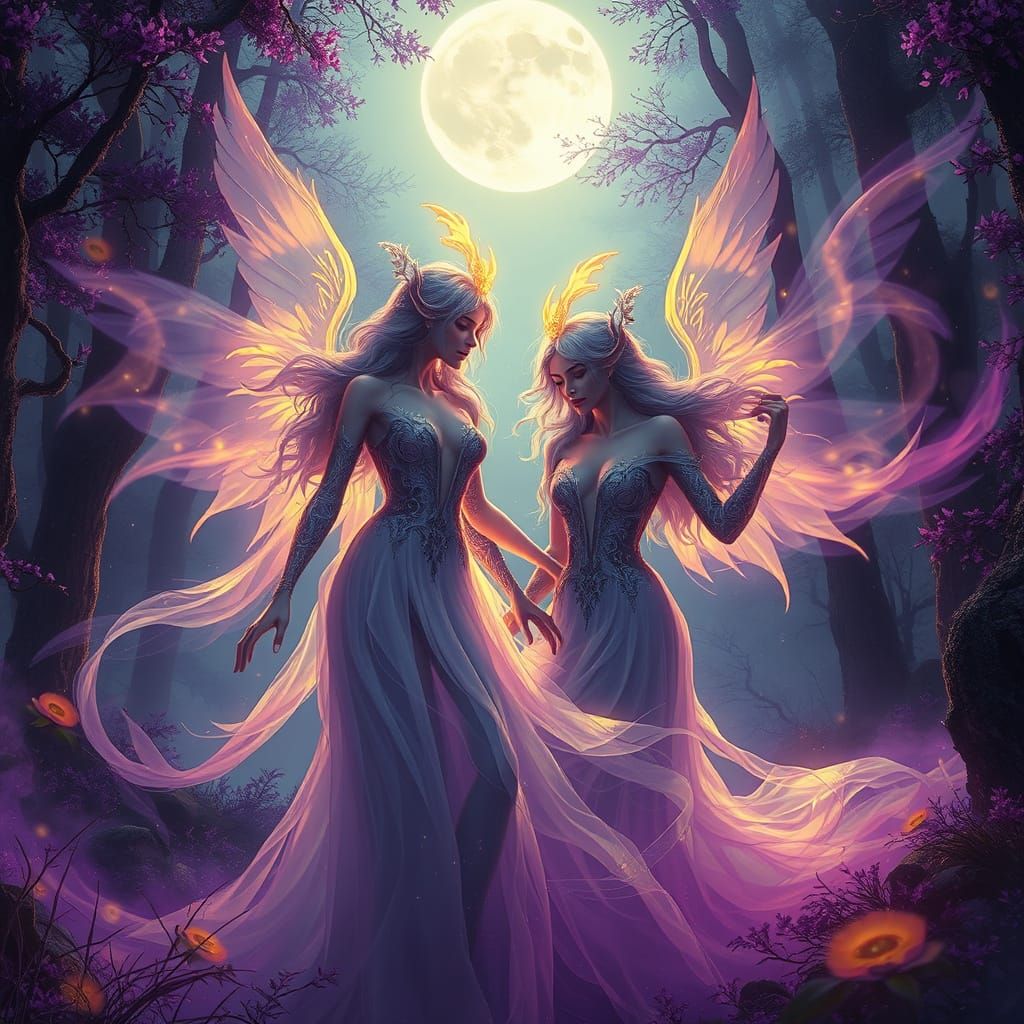 Realistic Female Spirits in Enchanted Forest under Full Moon