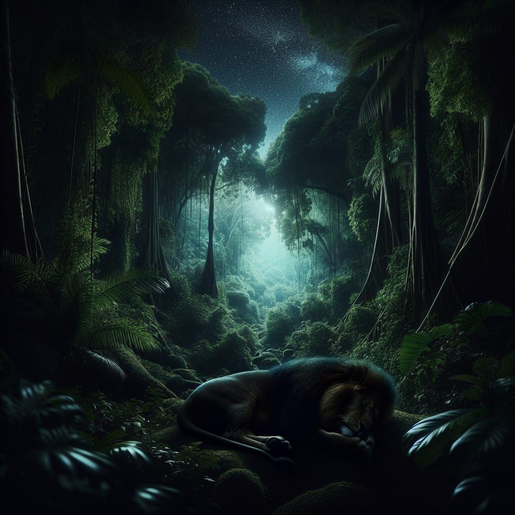 Sleeping Lion Under Starlight in Jungle at Night