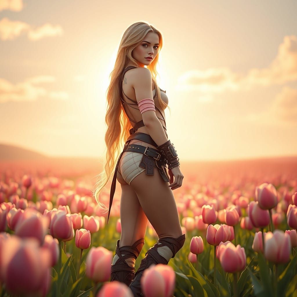 Golden Druidess in Vibrant Tulip Field