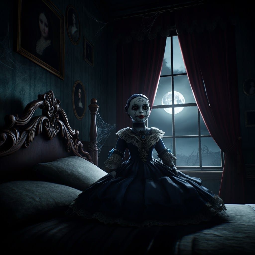 Haunting Porcelain Doll in Victorian Bedroom