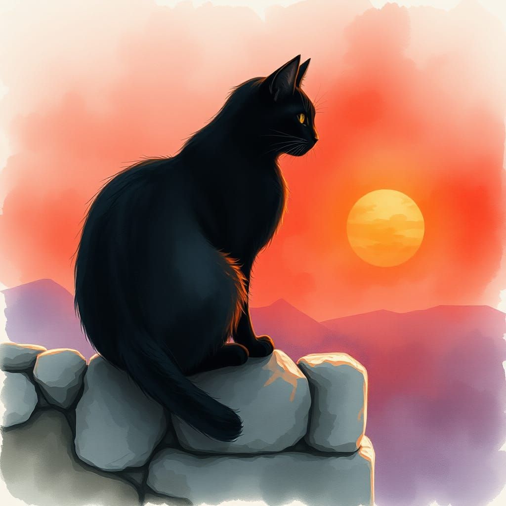 Black Cat at Sunrise, Watercolor Illustration