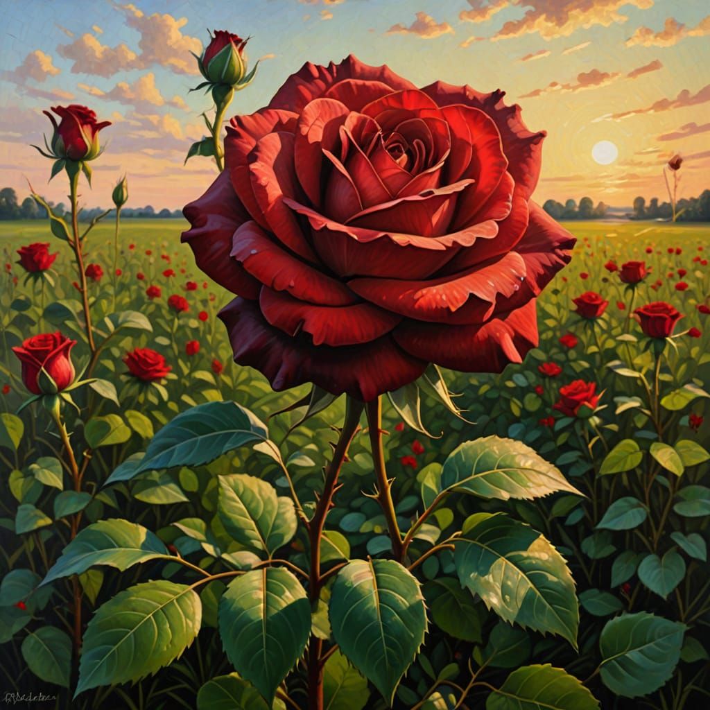 Velvety Red Rose in Golden Hour Oil Painting