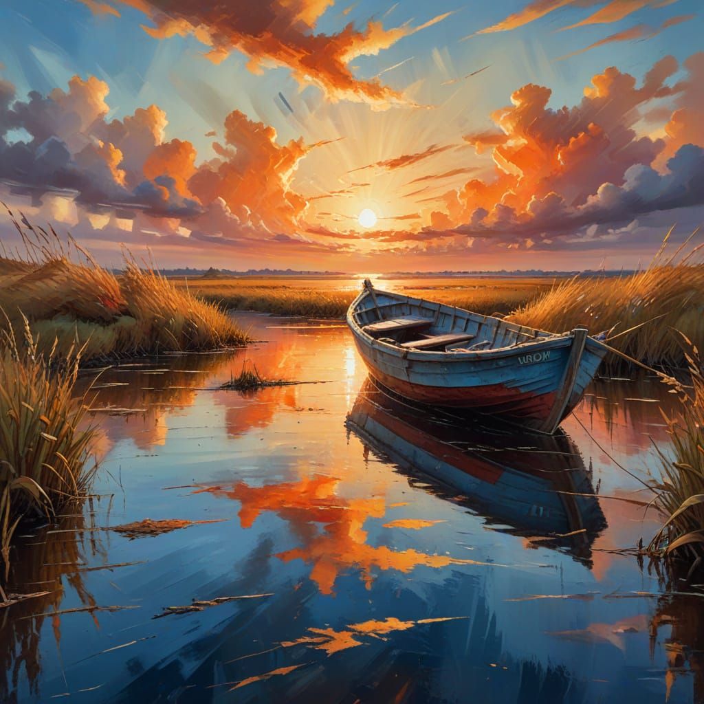 Abandoned Fishing Vessel in Golden Marsh Grass at Sunset