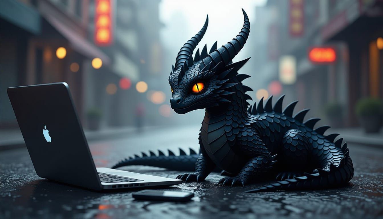 Fantastical Urban Sprite with Obsidian Scales and Crimson Ey...