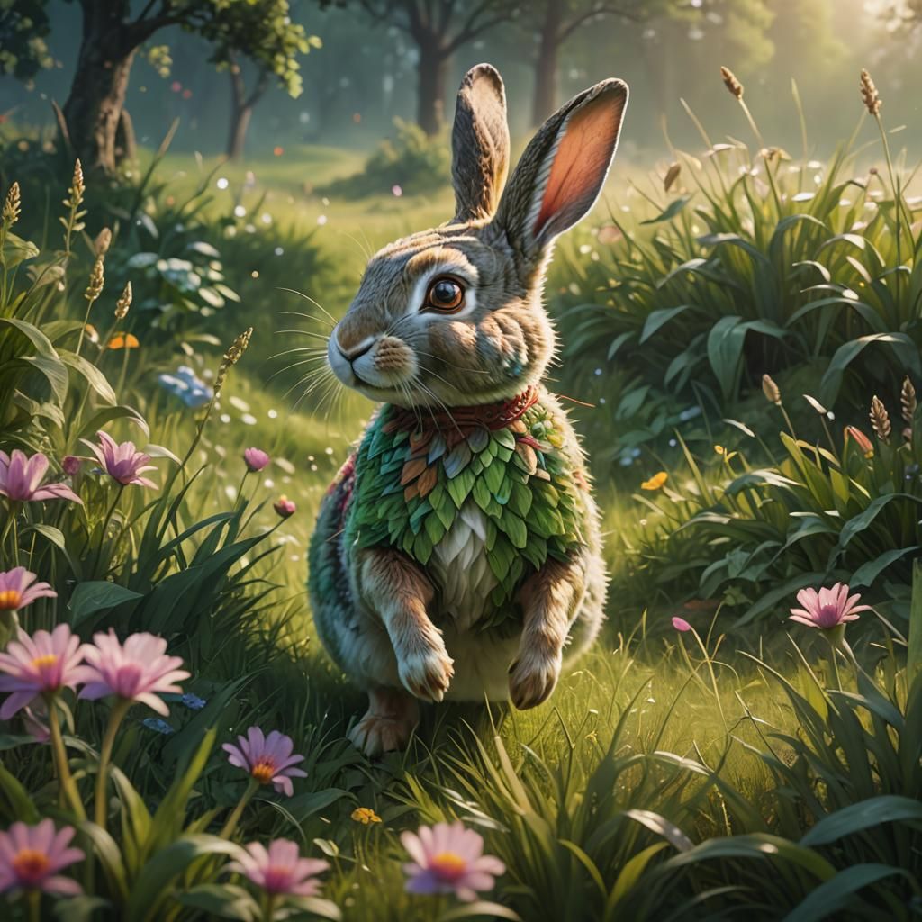 Rabbit in Dress Bounding Through Meadow