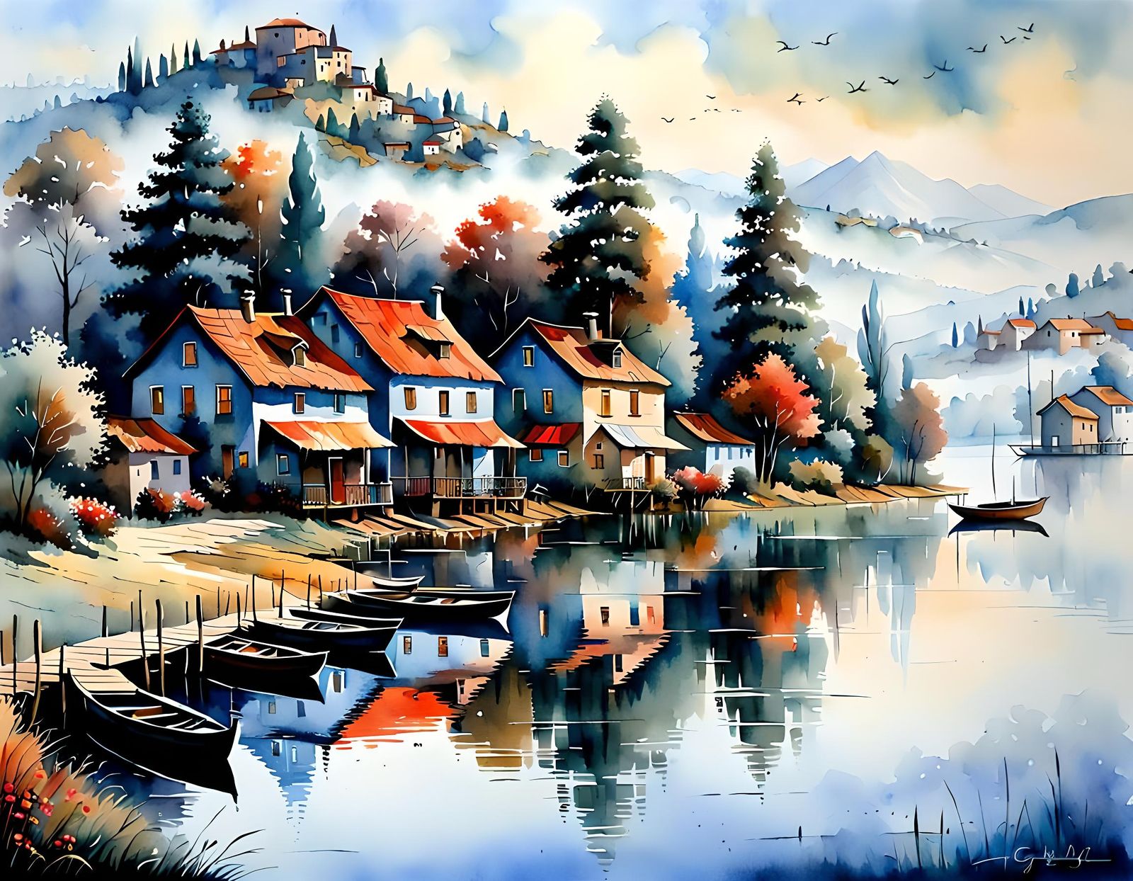 Misty Lake Village in Watercolor Style