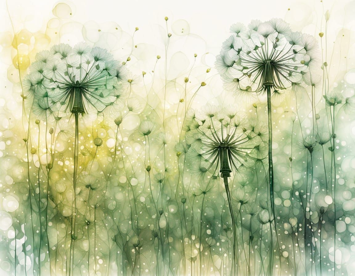 Dandelion Seed Heads with Gold in Silk Painting