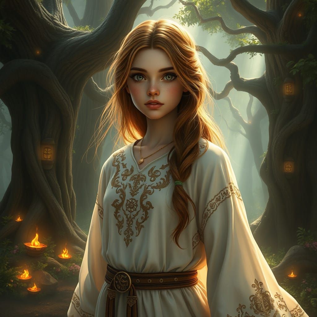 Girl in Mystical Forest with Ancient Trees and Runes
