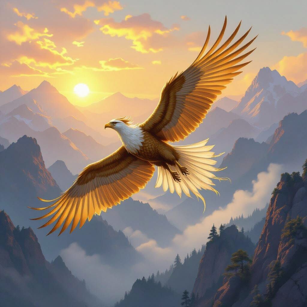 Griffin Soaring Over Misty Mountains at Dawn