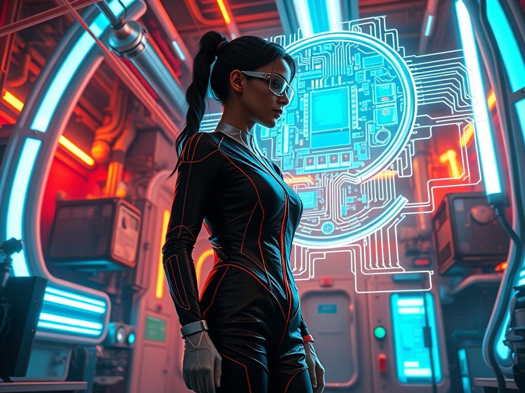 Futuristic Female Scientist in Retro-Futuristic Workshop